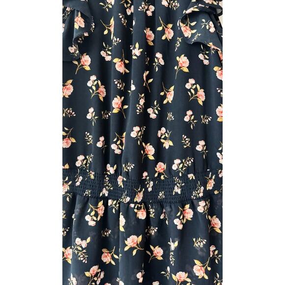 1.STATE Navy Floral Ruffle Mini Dress XS Smocked Waist Layered Hem - Picture 10 of 13